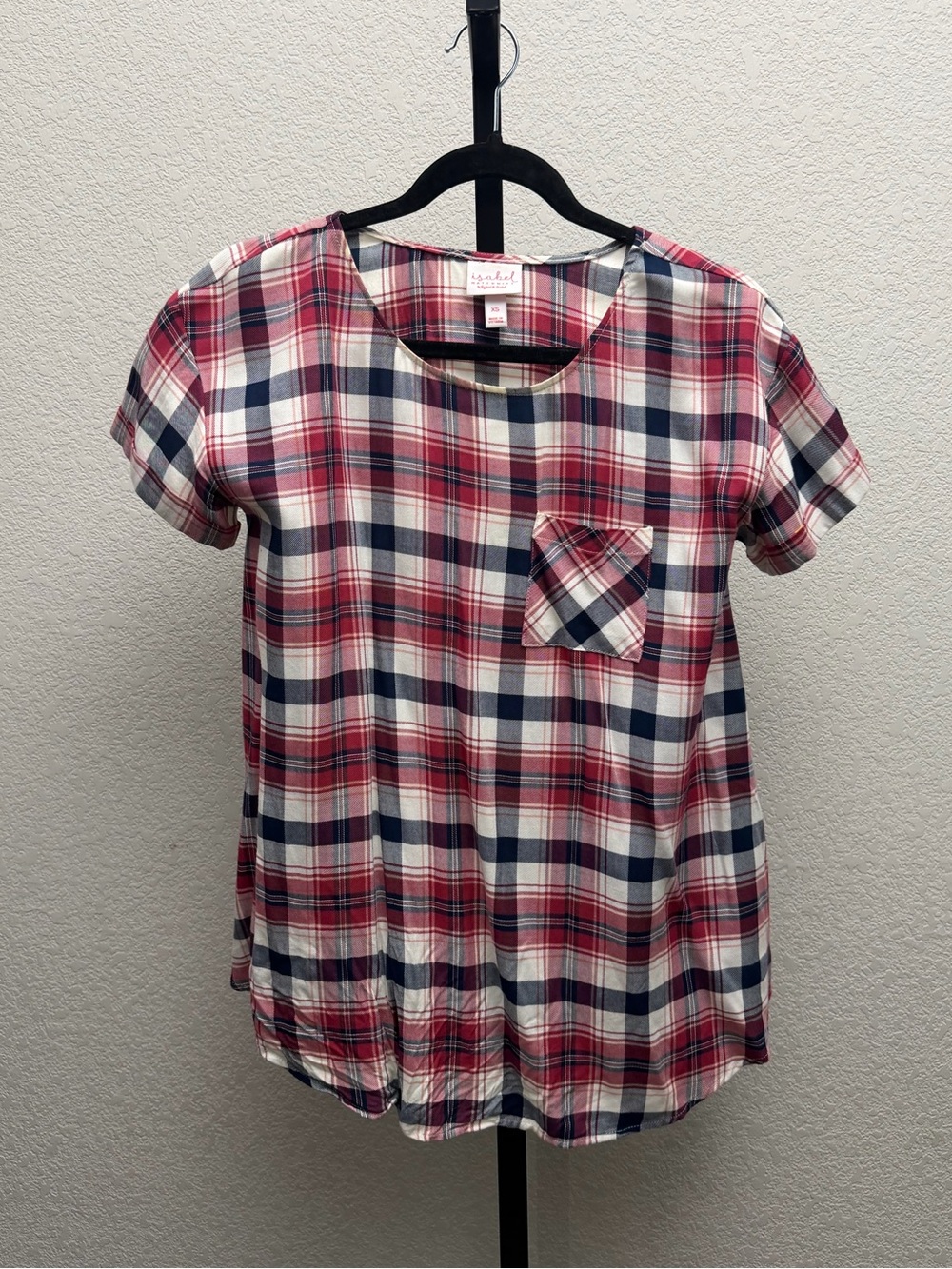 Isabel Maternity Women’s Plaid Pocket Tee in Red, Navy & White